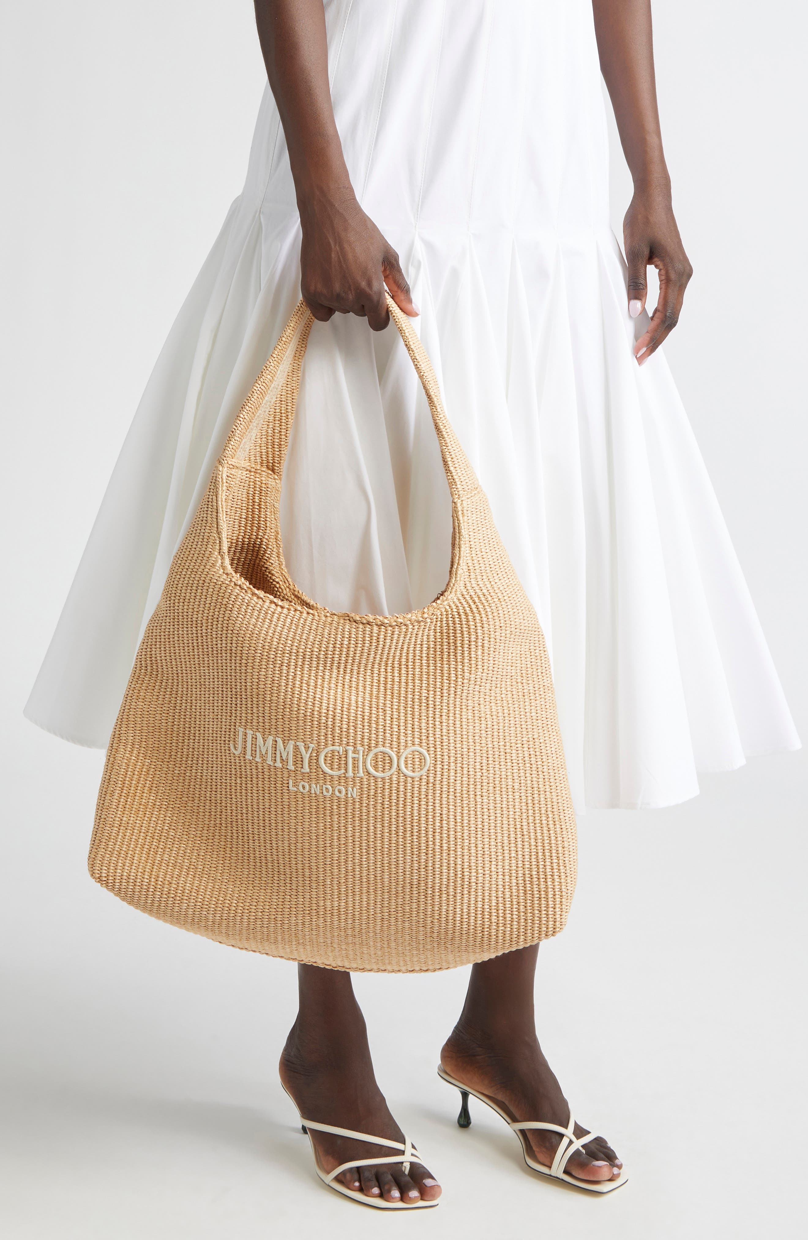 Jimmy Choo Large Beach Diamond Woven Raffia Hobo Bag, Alternate, color, 