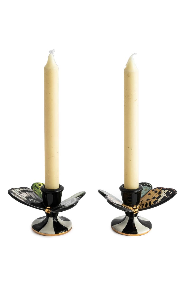 MACKENZIE CHILDS Toile Set of 2 Butterfly Candleholders, Alternate, color, Black Multi