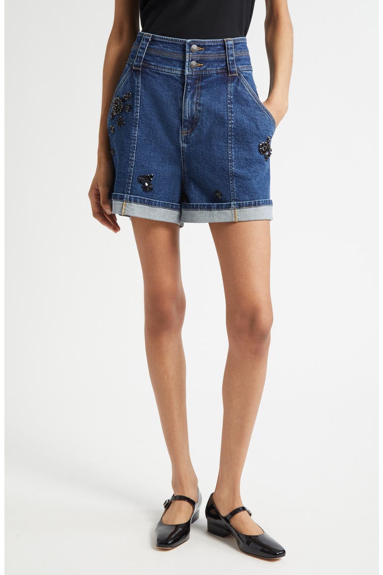 Embellished Cuffed Denim Shorts, Main, color, OCEANE