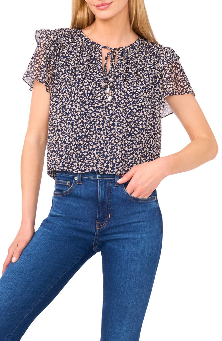 CeCe Floral Tie Neck Chiffon Top, Main, color, Classic Navy