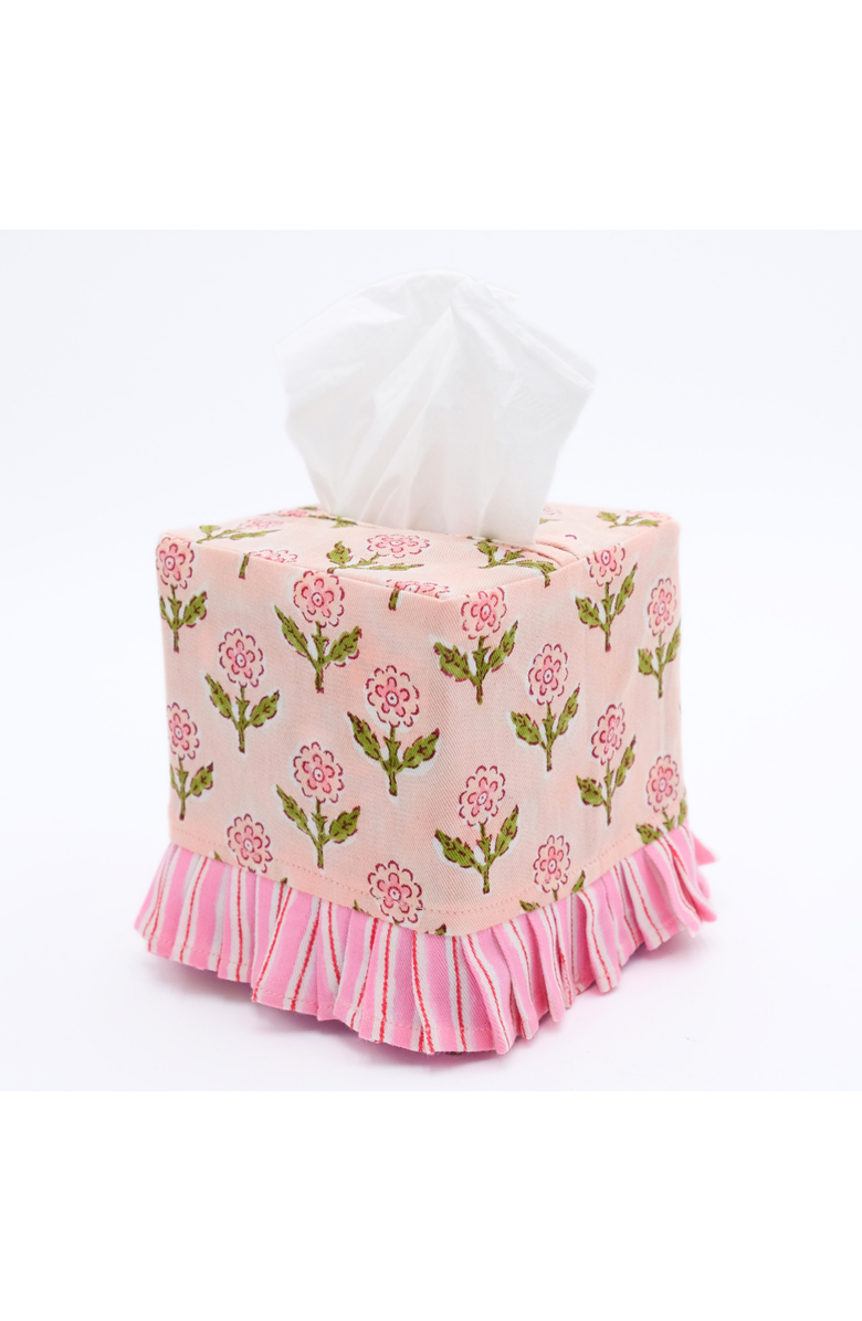 Inner Child Ruffled Tissue Box Cover in Mona Pink Blockprint, Alternate, color, Mona Pink