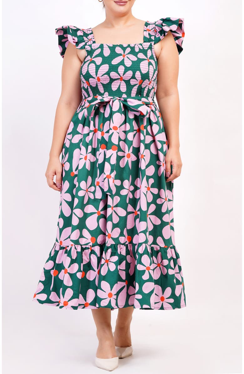 Leota Ivanna A-Line Smocked Midi Dress, Main, color, Dancing Daisies Evergreen