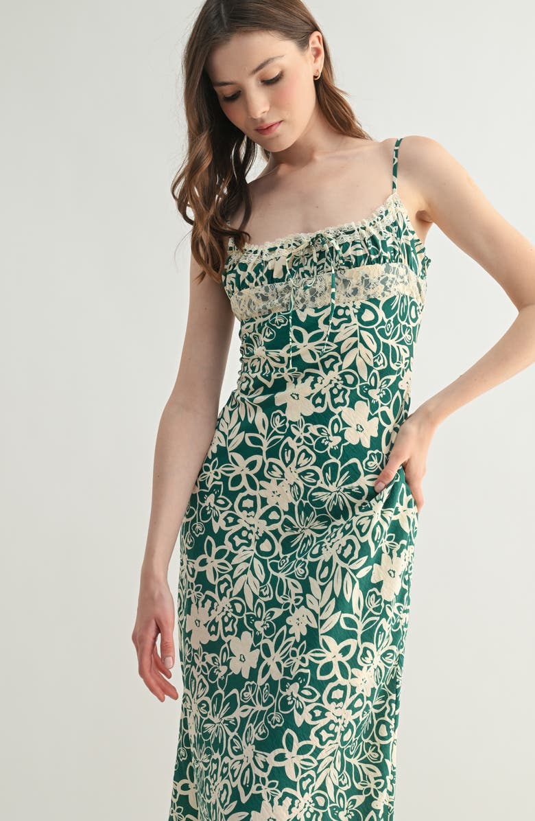 Lush Contrast Lace Midi Slipdress, Alternate, color, Green Cream Floral