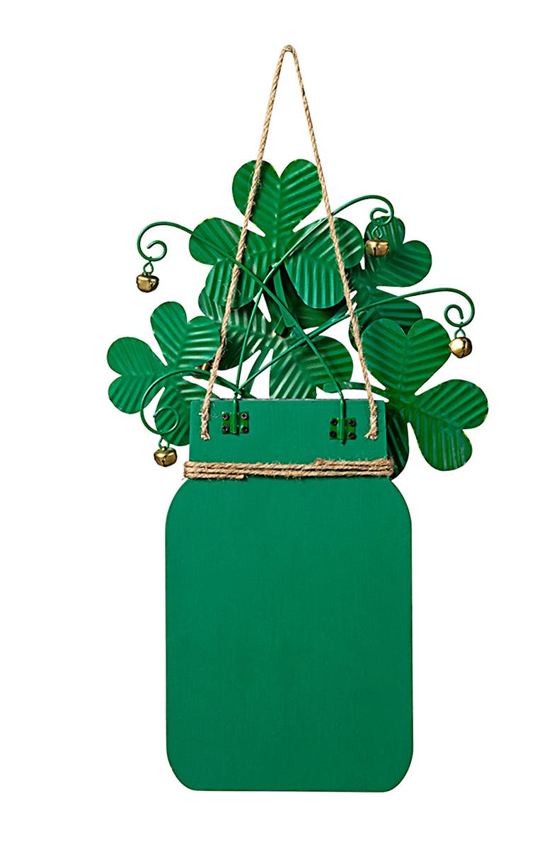 Glitzhome St. Patrick
s Wooden Metal Mason Jar with Shamrock Door Hanger, Alternate, color, Green