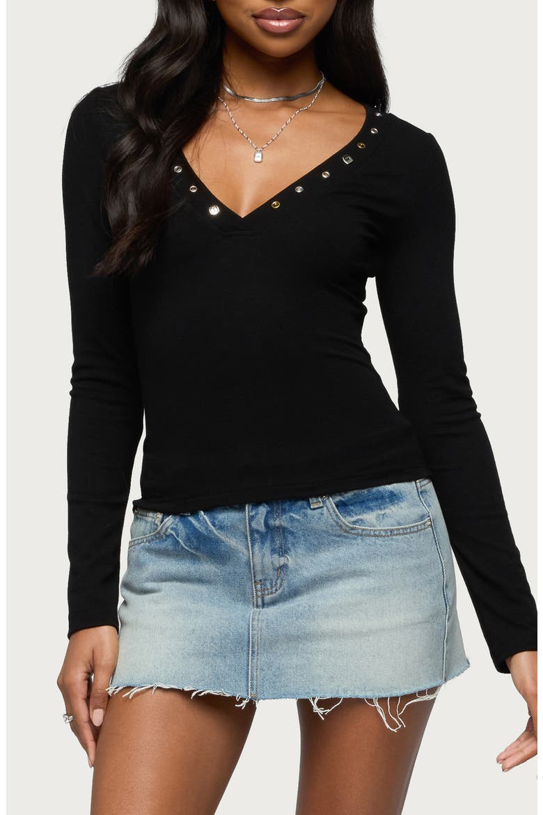 Rossie Studded Long Sleeve T-Shirt, Main, color, BLACK