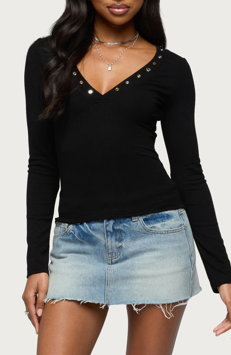 EDIKTED Rossie Studded Long Sleeve T-Shirt, Main, color, Black