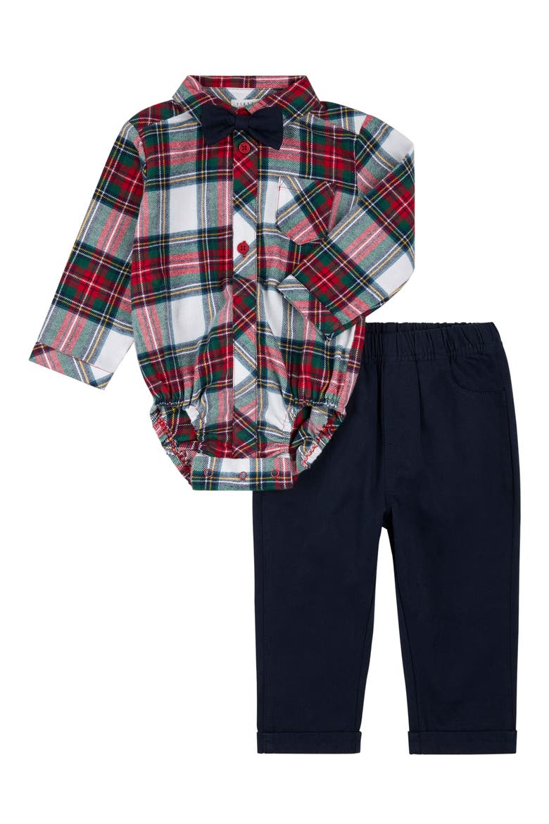 3-Piece Flannel Bodysuit, Bow Tie & Pants Set, Main, color, RED