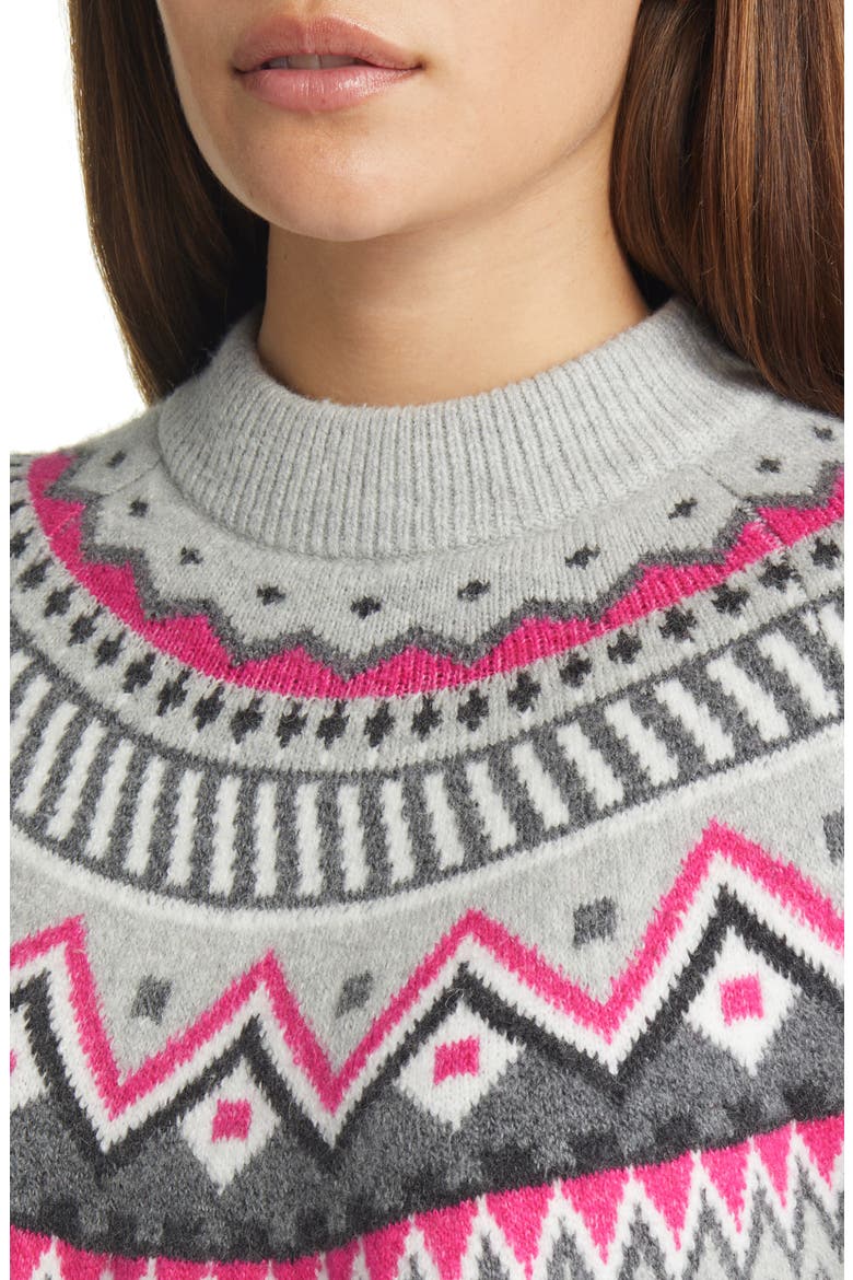Fair Isle Cable Knit Sweater, Alternate, color, GREY HEATHER- PINK FAIRISLE