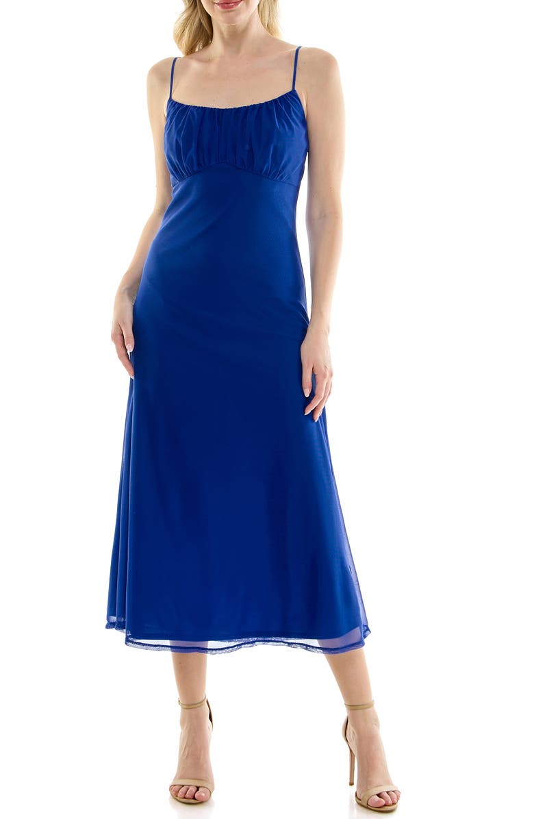 bebe Shirred Bust Powermesh Midi Dress, Main, color, 