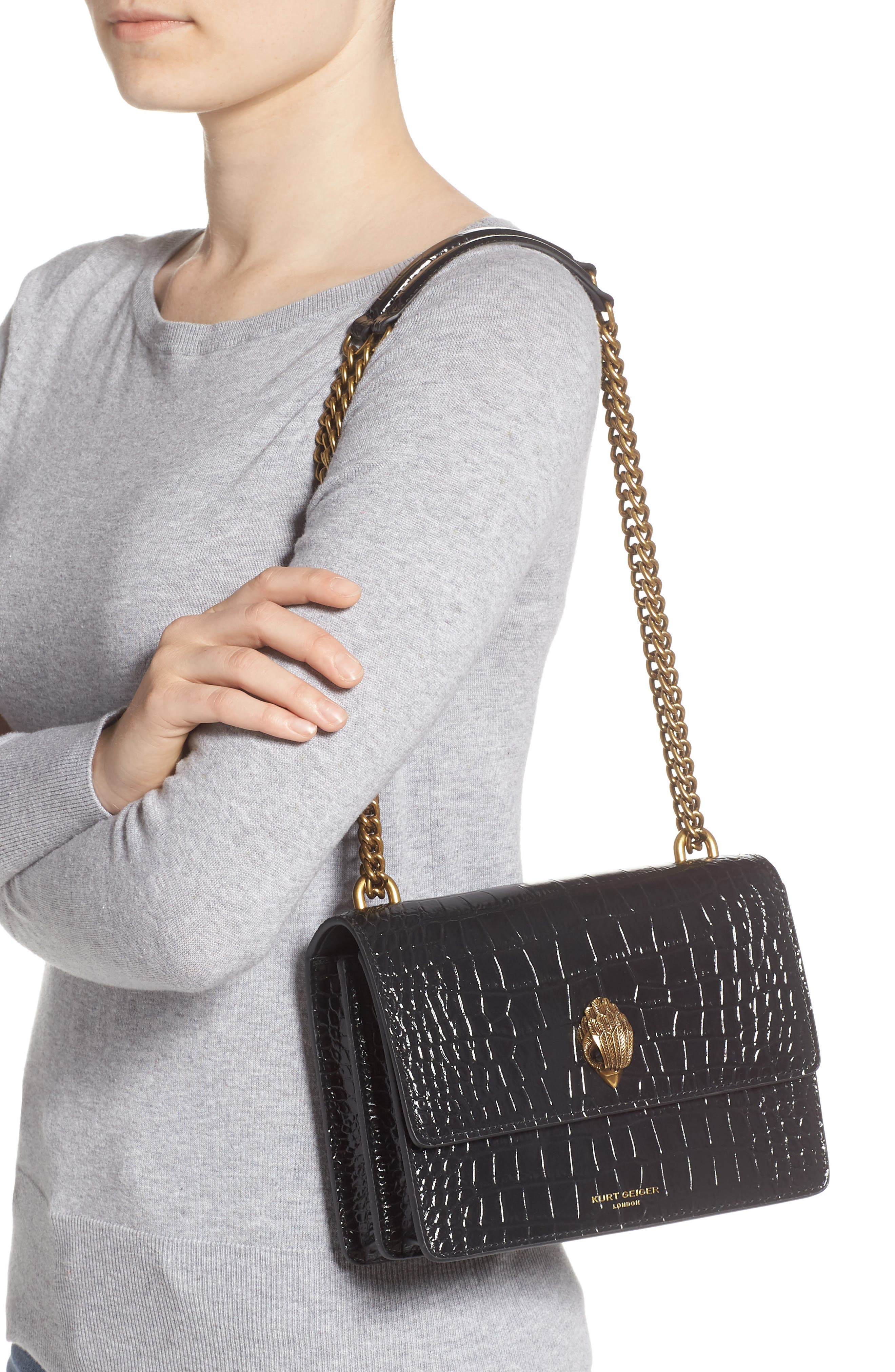 Kurt Geiger London Shoreditch Crocodile Embossed Leather Crossbody Bag, Alternate, color, Black