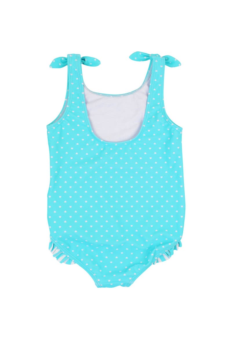 Baby Girls UPF50+ Tie Shoulder One Piece, Alternate, color, Bright Aqua Heart Polka Dot