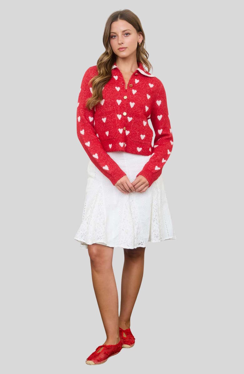Blu Pepper Heart Peter Pan Collar Cardigan, Alternate, color, Red