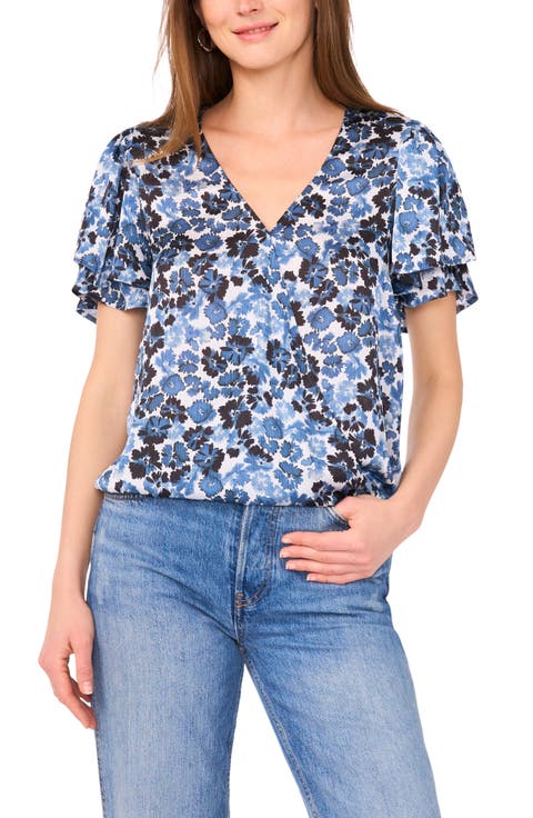 Floral Print Tulip Sleeve Wrap Top