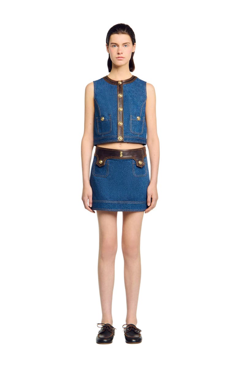 SANDRO Denim and leather top, Alternate, color, Dark Blue