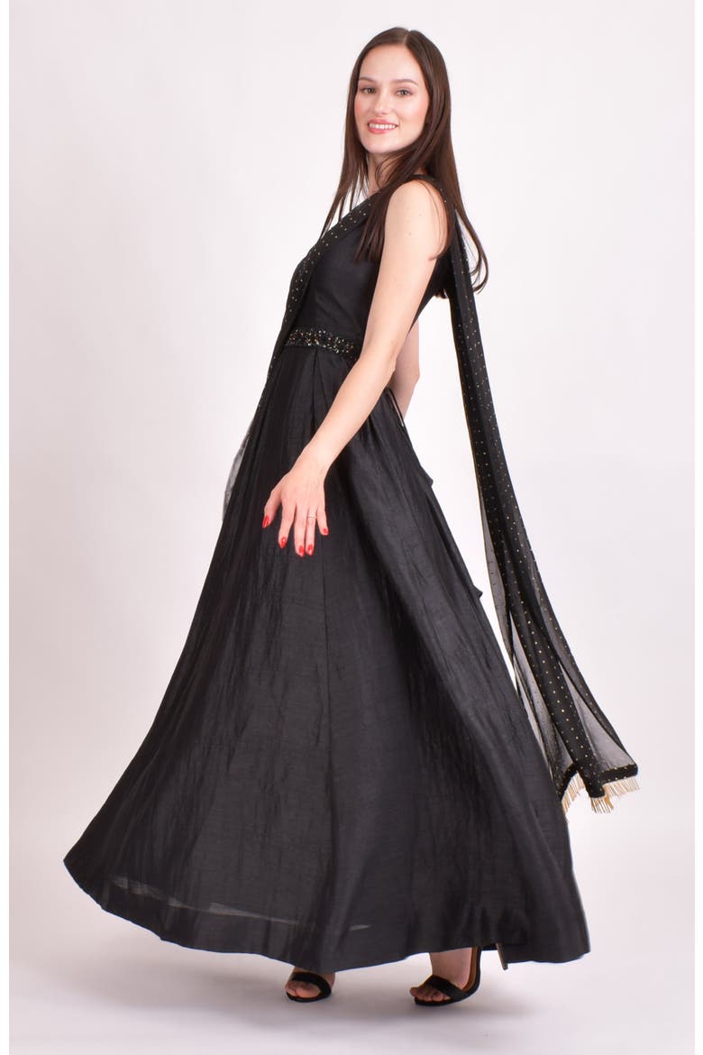Oni One Shoulder Embroidered Saree Gown, Alternate, color, Black