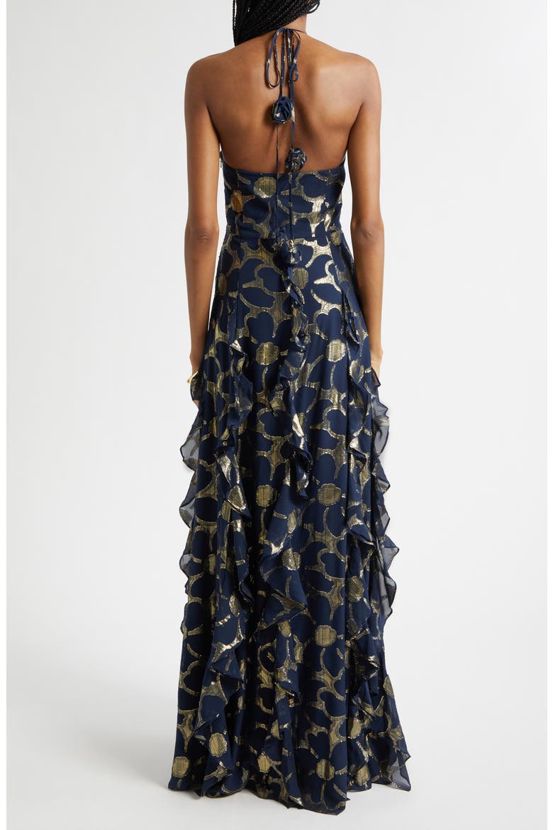 Idella Daisy Metallic Ruffle Halter Gown, Alternate, color, NAVY JACQUARD