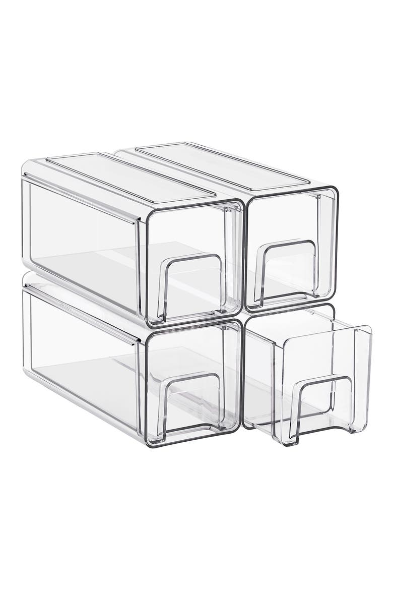 Set of 4 Small Stackable Storage Bins, Main, color, CLEAR