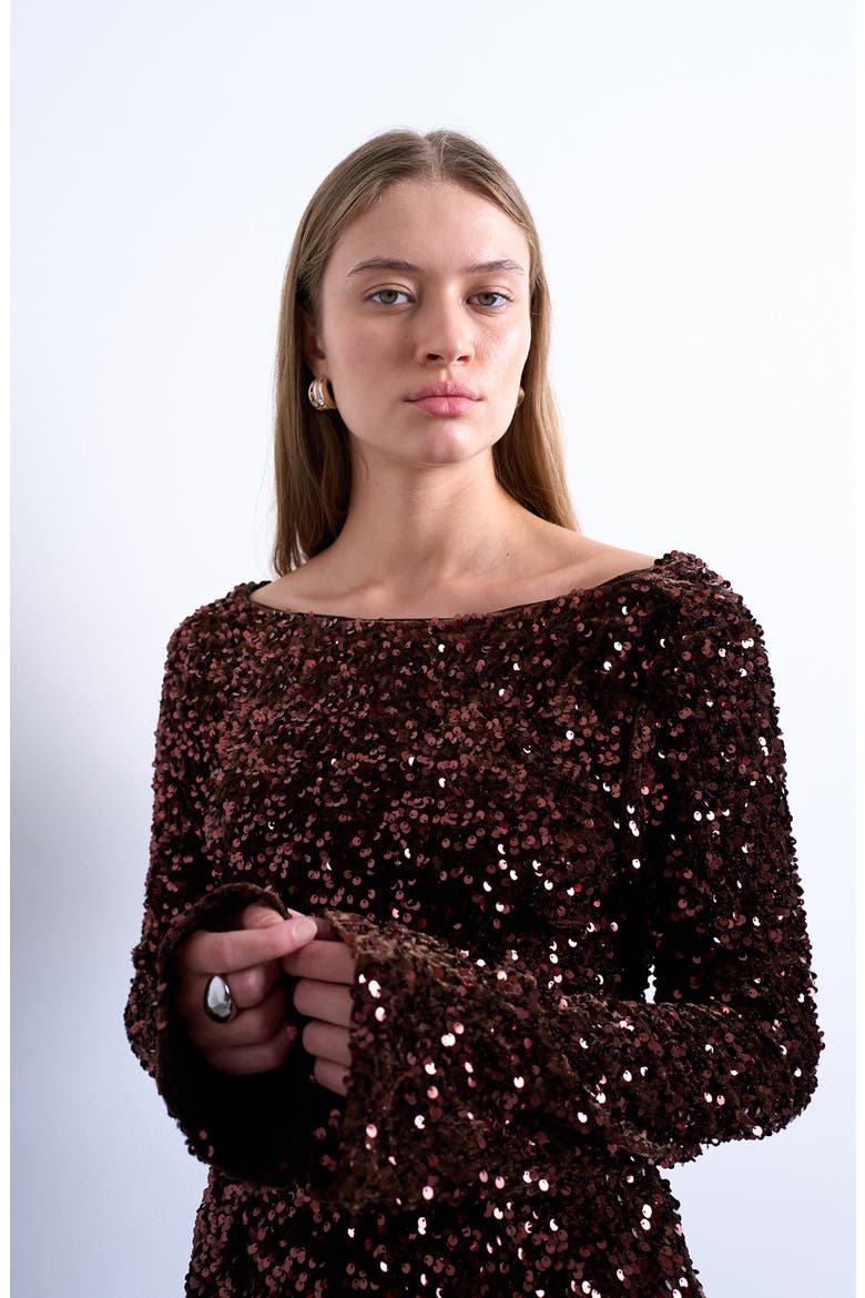Sequin Cowl Back Long Sleeve Minidress, Alternate, color, BROWN