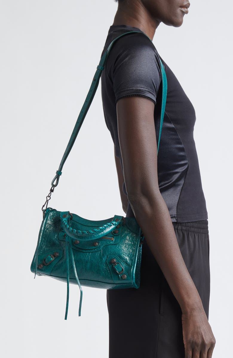 Balenciaga Mini Le City Crinkle Leather Top Handle Bag, Alternate, color, 3108 Dark Emerald