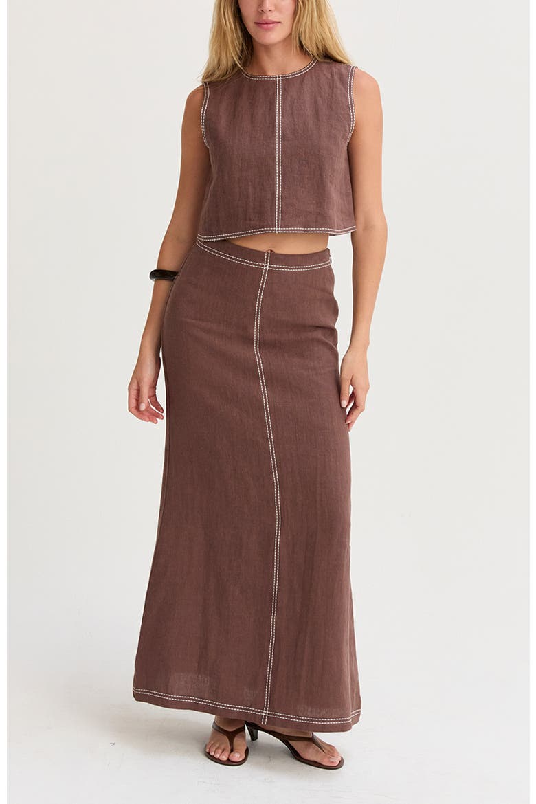Embroidered Contrast Stitch Linen Maxi Skirt, Alternate, color, Brown