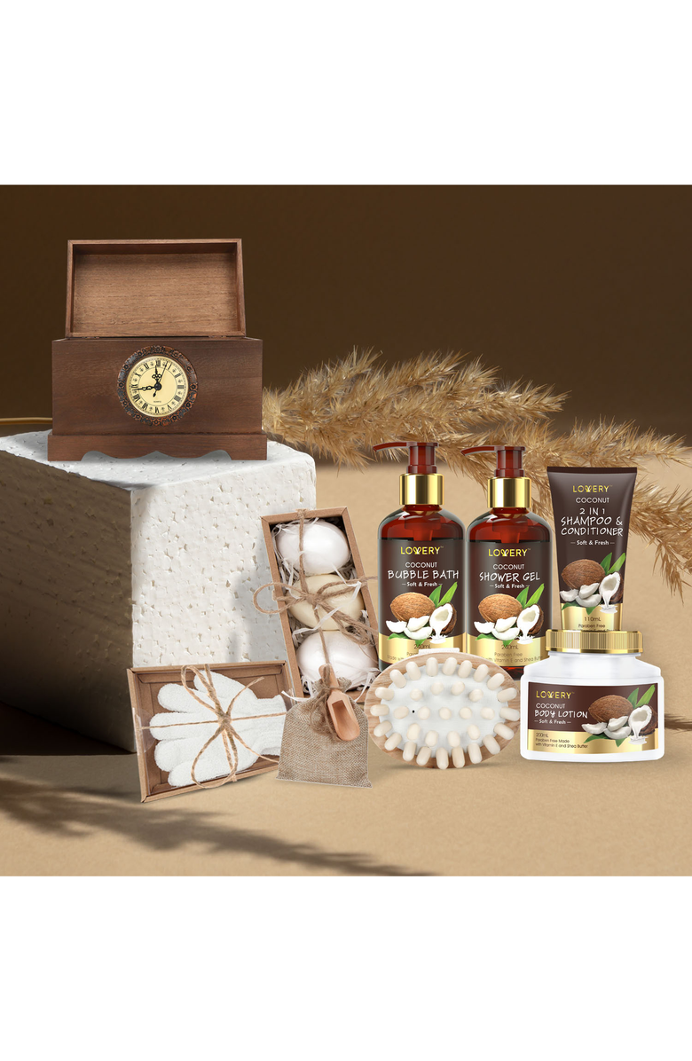 Lovery Luxury Bath Gift Set in a Vintage Style Wooden Clock Box - 13 Pc Premium Coconut, Alternate, color,