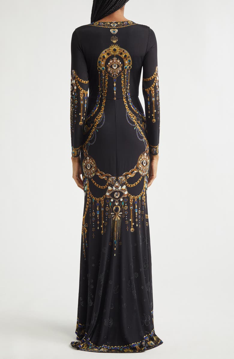 Camilla Amulets & Alchemy Print Gathered Long Sleeve Jersey Dress with Train, Alternate, color, Amulets And Alchemy