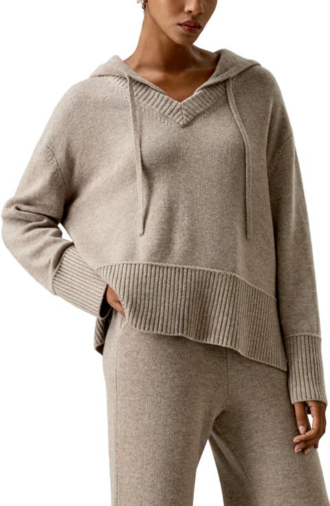 Women's V Neck Wool-Cashmere Blend Hoodie