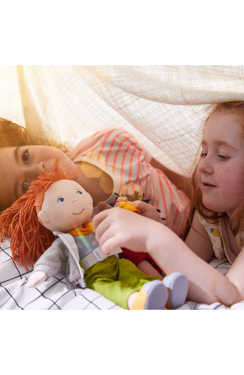 HABA 12" Soft Doll Soley with Red Hair and Embroidered Face, Machine Washable Baby Doll with Clothes and Baby Dolls for 18 months and up, Alternate, color, Green Multi