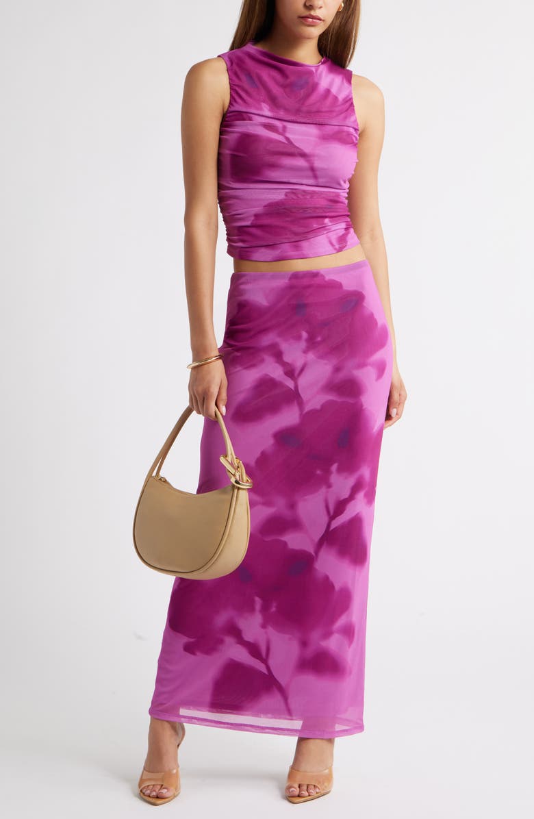 Open Edit Ruched Mesh Tank Top, Alternate, color, Pink Blurry Floral