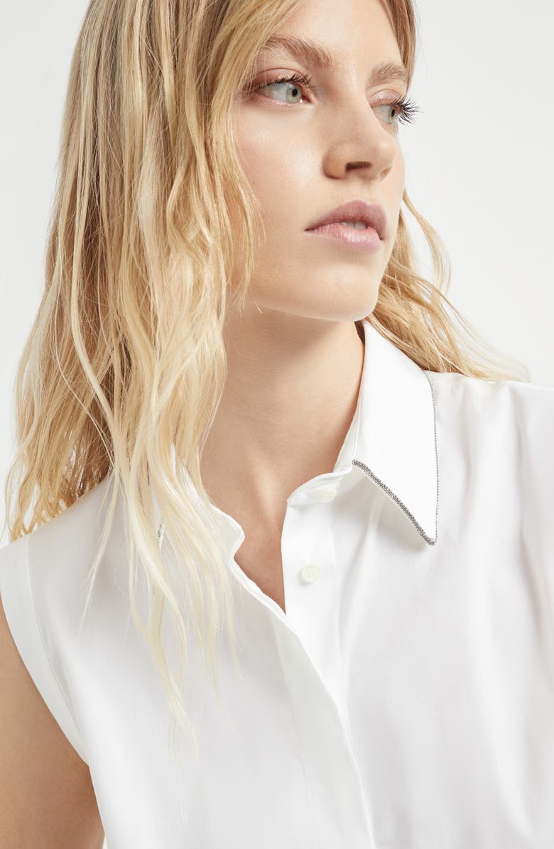 Brunello Cucinelli Stretch cotton poplin sleeveless shirt with shiny trim, Alternate, color, 