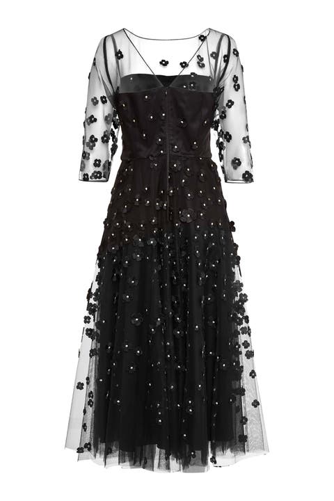Embroidered Mesh Cocktail Gown With Sleeves