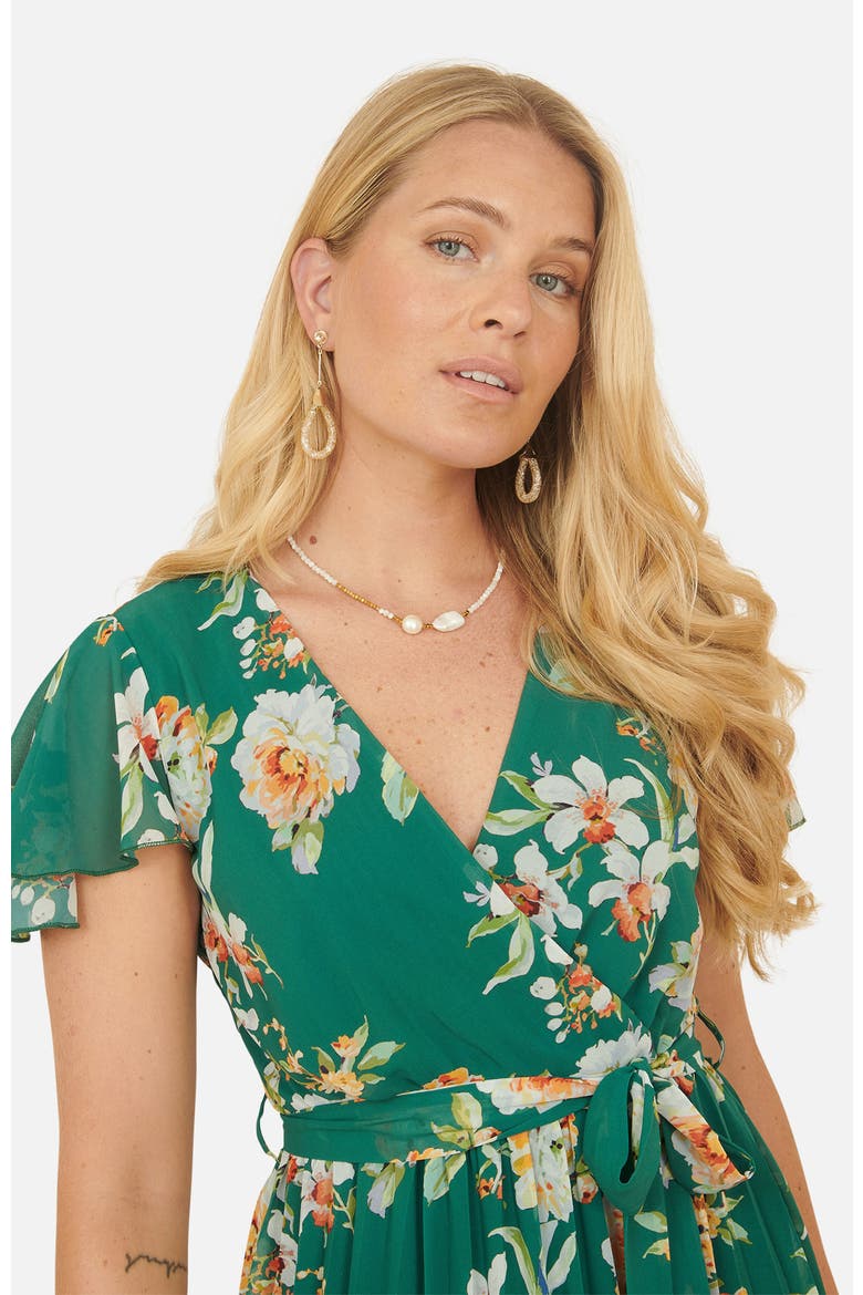 Pleated Floral Tie-Waist Wrap Midi Dress, Alternate, color, Green