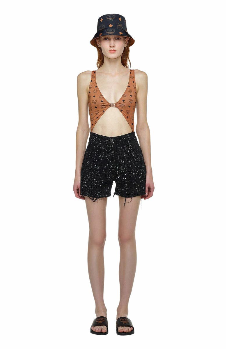 MCM Monogram Print Swimsuit, Alternate, color, Cognac