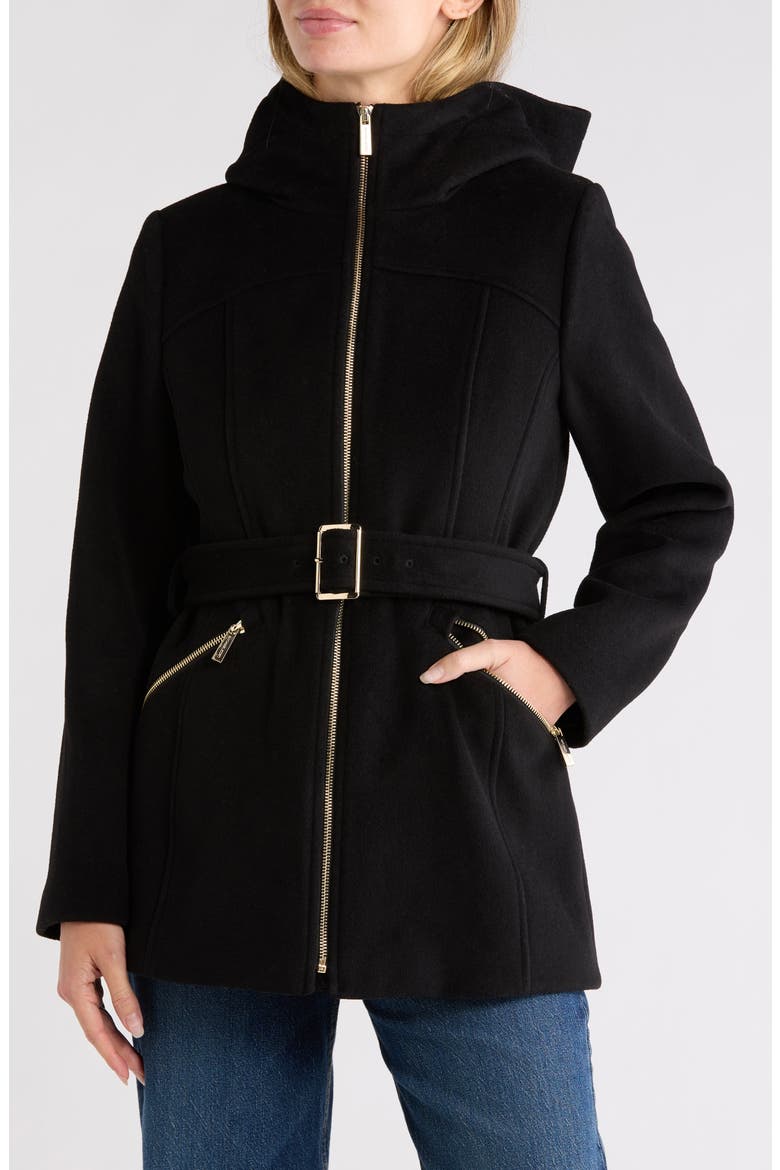 Hooded Wool Blend Coat, Main, color, BLACK