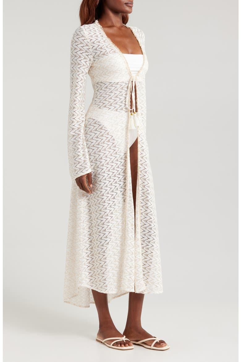 Fatima Metallic Long Sleeve Sheer Cover-Up Maxi Dress, Alternate, color, WHITE/ GOLD ZIG ZAG