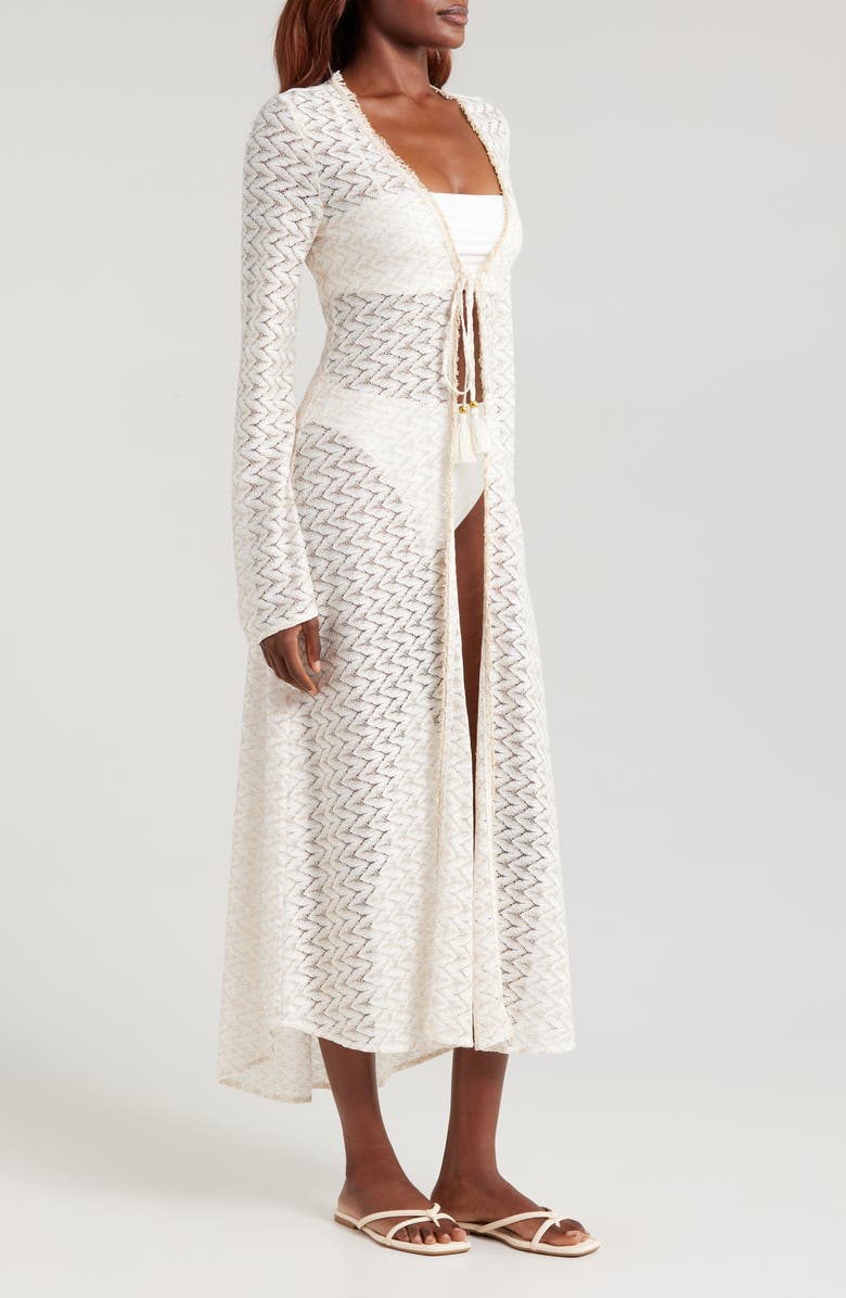 Ramy Brook Fatima Metallic Long Sleeve Sheer Cover-Up Maxi Dress, Alternate, color, White/ Gold Zig Zag