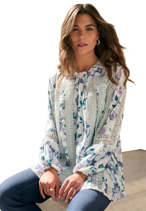 Lace-Trim Blouson-Sleeve Top (Plus)