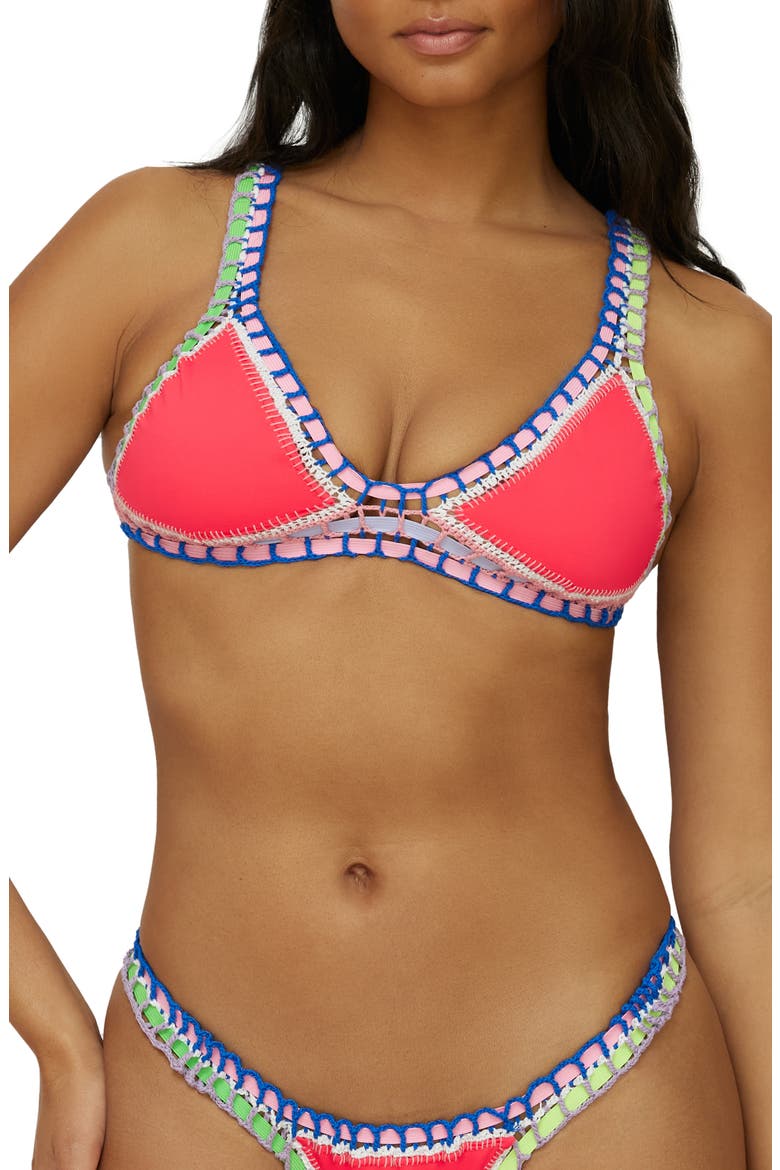 Colorful Whipstitch Trim Triangle Bikini Top, Main, color, RED