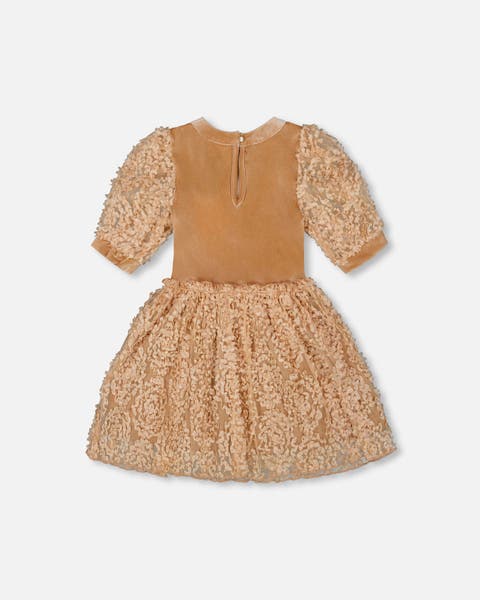 Puff Sleeve Bi-Material Velour and Lace Dress (Little Kid & Big Kid)