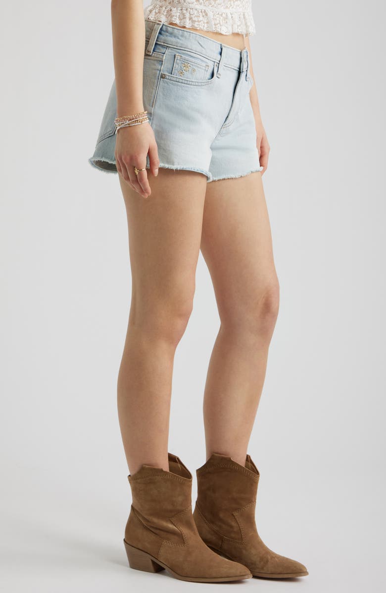 BP. Festival Fray Hem Denim Shorts, Alternate, color, Sunset Wash