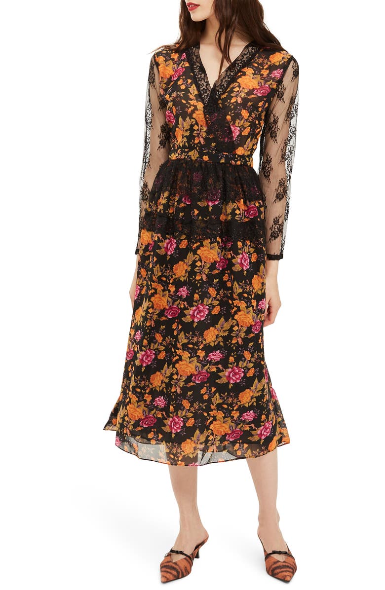 Topshop Floral Midi Dress, Main, color,