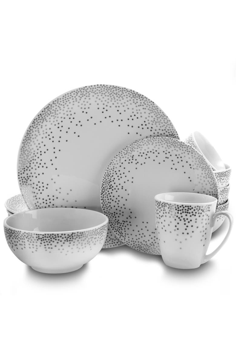 Platinum Dots 16 Piece Round Ceramic Dinnerware Set, Main, color, Silver