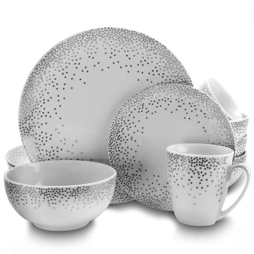 Gibson Platinum Dots 16 Piece Round Ceramic Dinnerware Set In Silver
