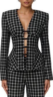 Naked Wardrobe Check Suiting Blazer with Satin Bows