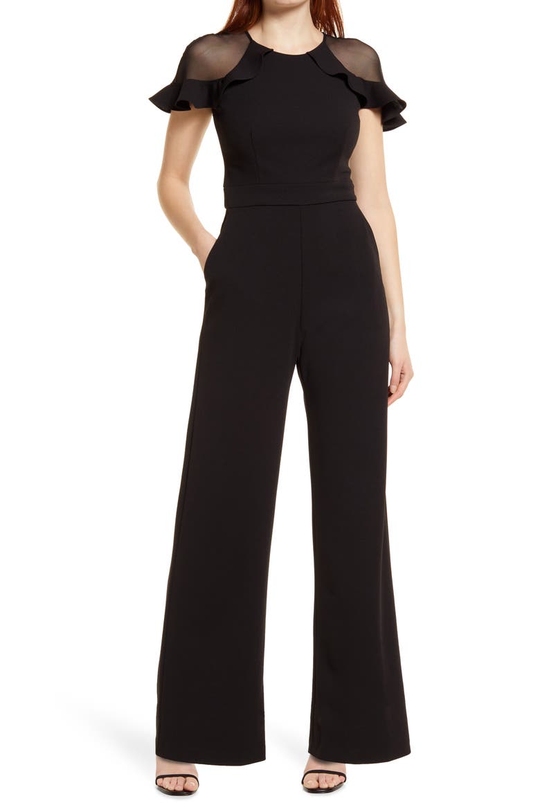 Illusion Ruffle Shoulder Jumpsuit, Main, color, BLACK
