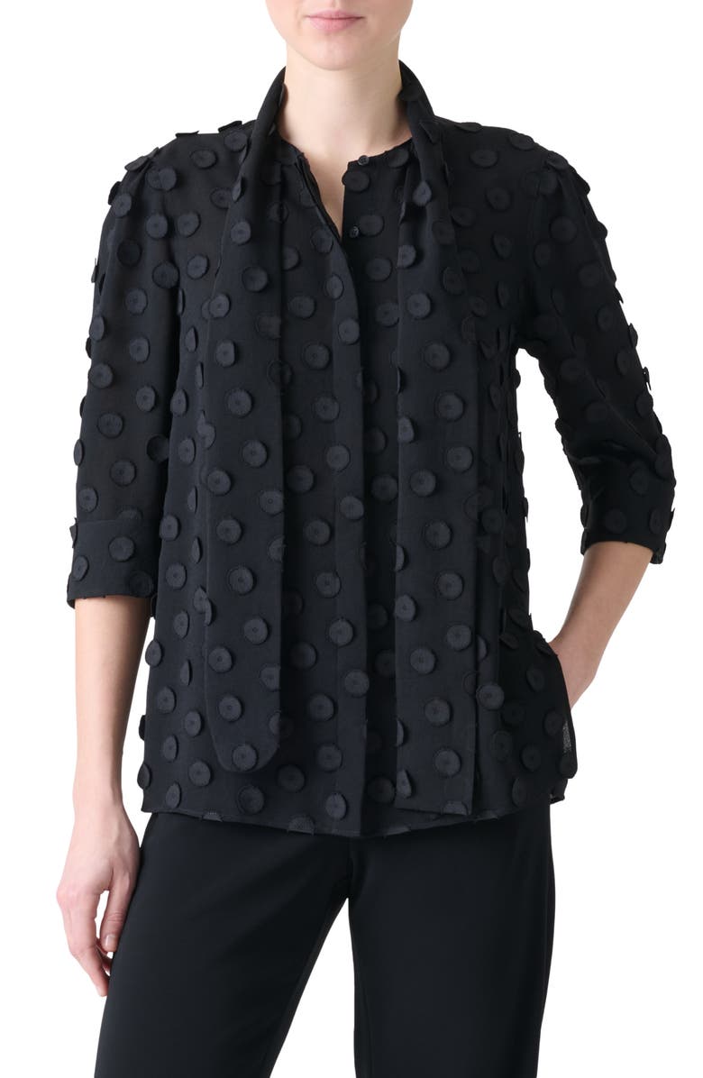 Akris punto Boho Clip Dot Techno Georgette Scarf Neck Shirt, Main, color, Black