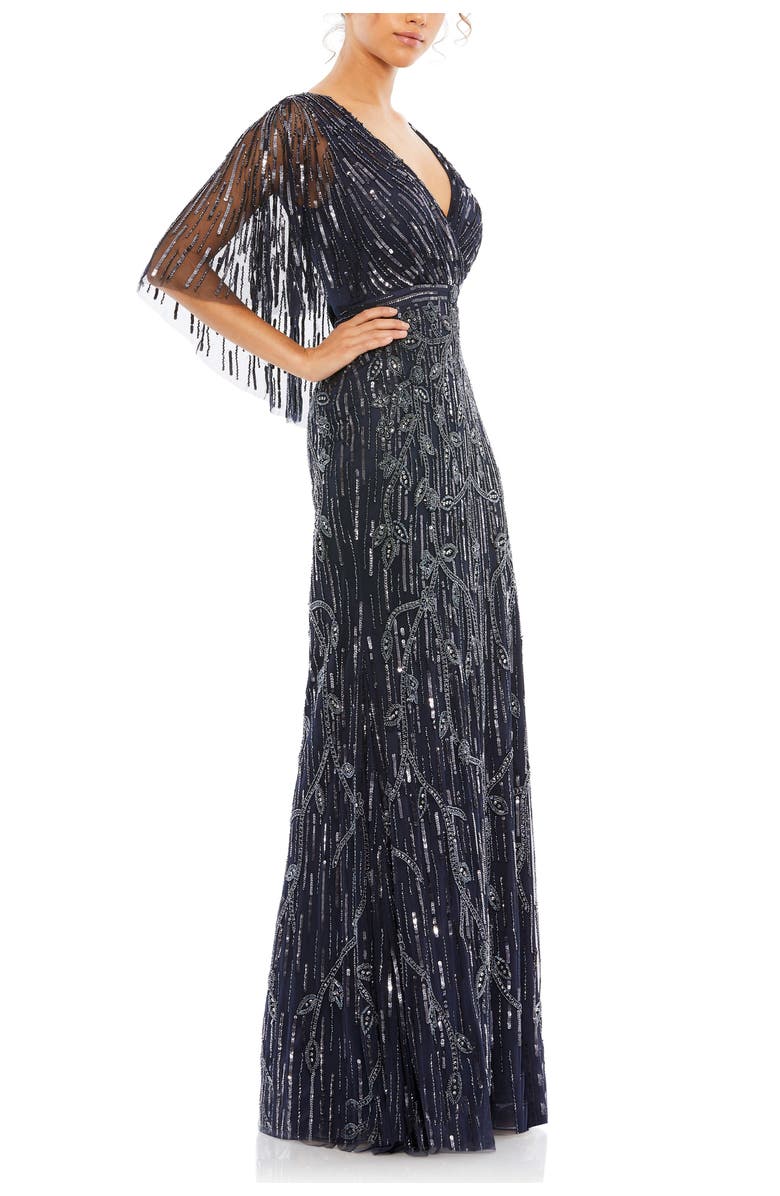 Mac Duggal Embellished Cap Sleeve Faux Wrap Trumpet Gown, Main, color, Midnight