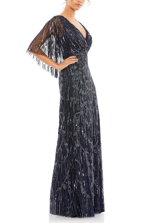Embellished Cap Sleeve Faux Wrap Trumpet Gown