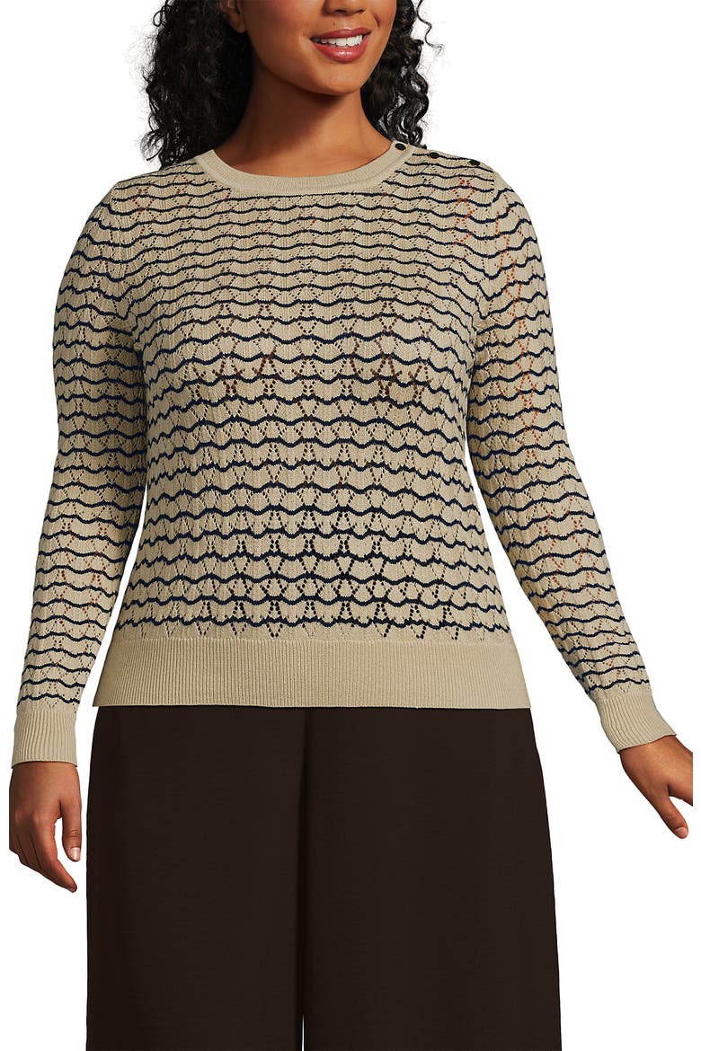 Plus Size Cotton Viscose Button Shoulder Modern Crew Sweater, Main, color, Champagne/Navy Stitch Stripe