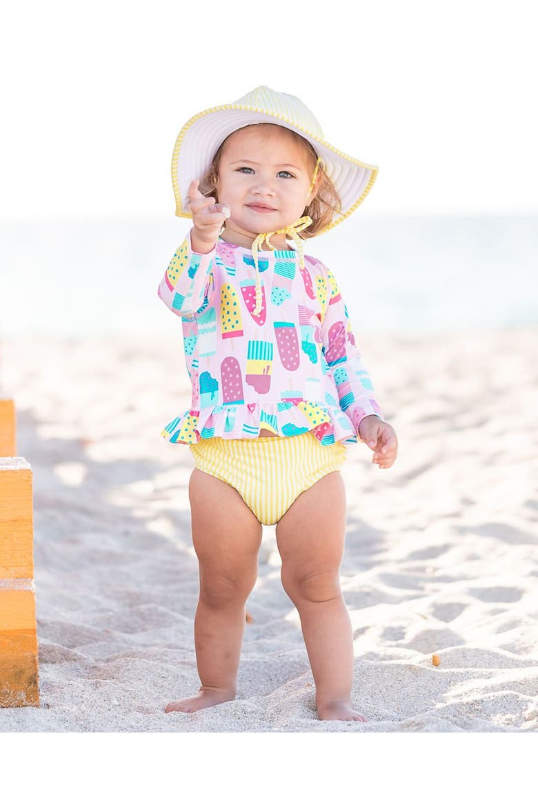 Toddler Girls Long Sleeve Ruffle Hem UPF50+ Rash Guard Bikini, Alternate, color, Ice Cream Social